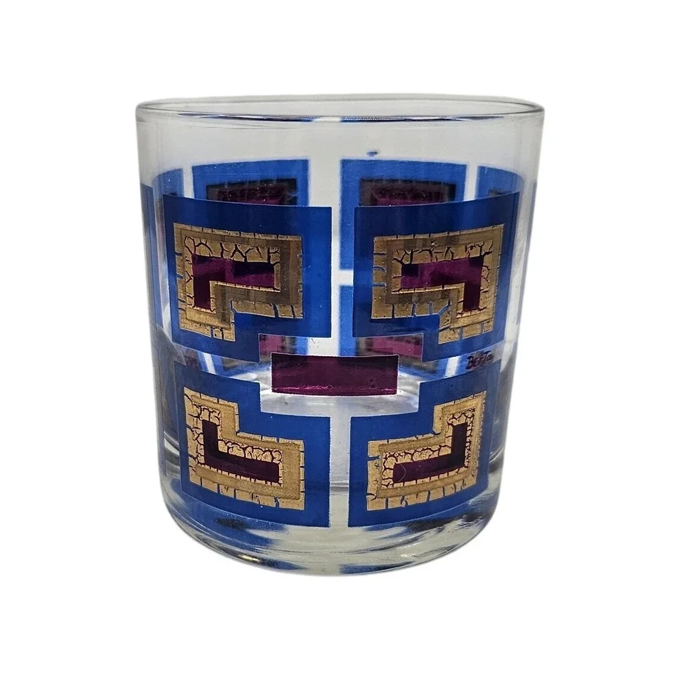 Vintage Berta MCM Rocks Glass Blue Purple Gold Greek Key‎ Geometric Barware